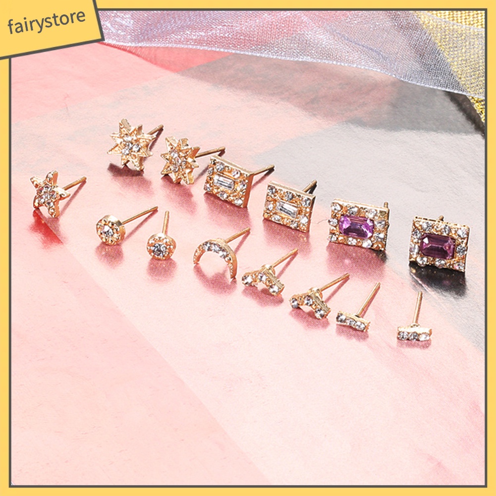 [FRO] Set 7 Cặp Bông Tai Hình Ngôi Sao Mặt Trời Mặt Trăng Chữ V Đính Kim Cương Giả Cho Nữ