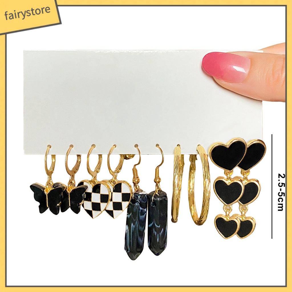 Set 5 Đôi Bông Tai Dạng Vòng Hình Học Họa Tiết Kẻ Ô / Trái Tim / Bướm / Ngọc Trai Giả Màu Trắng Đen Thời Trang Cho