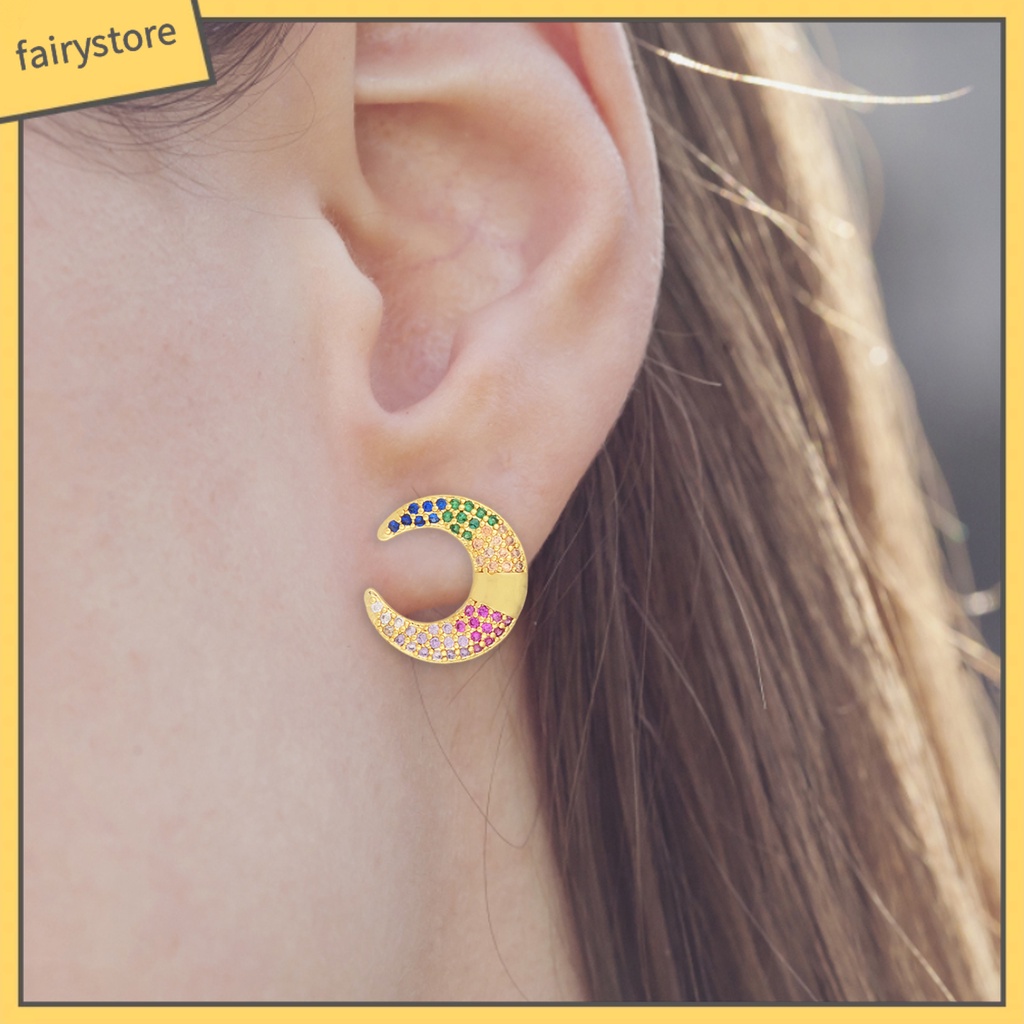 1 Đôi Bông Tai Hình Mặt Trăng Đính Đá Nhiều Màu Bằng Hợp Kim