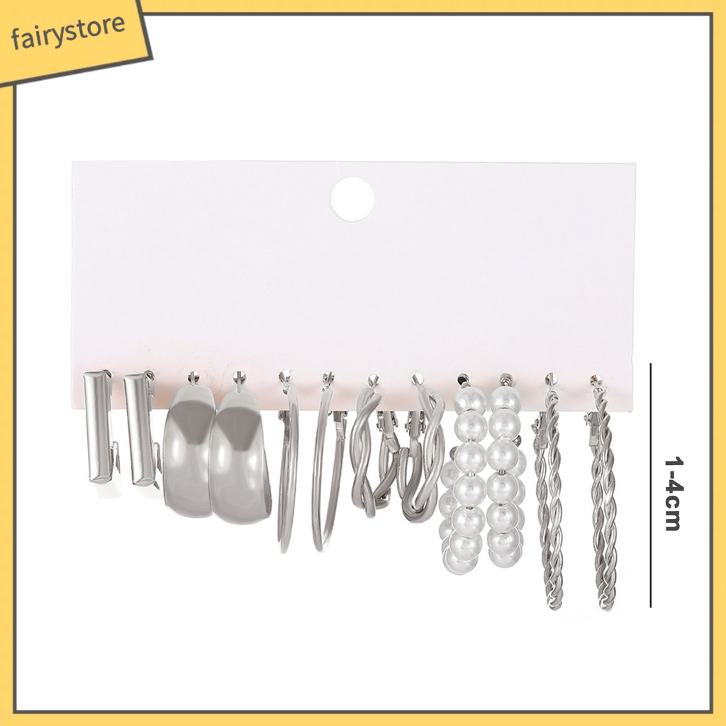 Set 6 Đôi Bông Tai Dạng Vòng Hình Chữ C Đính Ngọc Trai Nhân Tạo Thời Trang Dành Cho Nữ