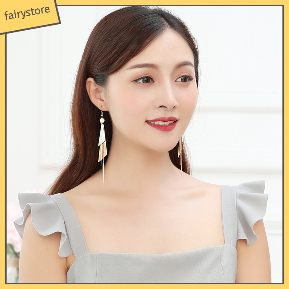 Bông Tai Hình Tam Giác Dạng Móc Phối Tua Rua Dài Thời Trang Dự Tiệc Cho Nữ