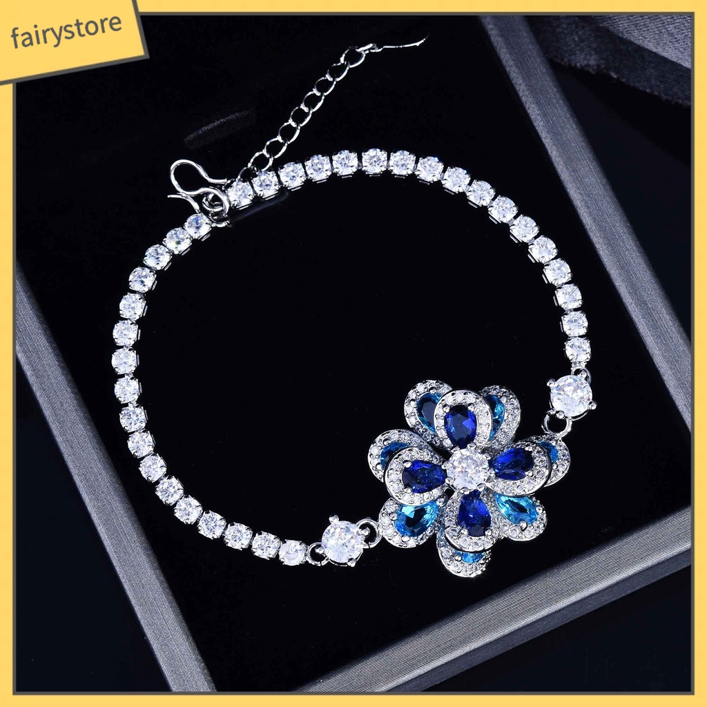 [FRO] Trang Sức Gồm Nhẫn / Bông Tai / Vòng Tay Đính Đá Zircon Hình Hoa Trà Nhiều Màu Lấp Lánh Cho