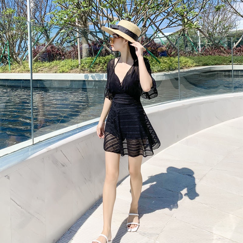 Bikini đi biển đồ bơi nữ liền thân 2 chi tiết kèm áo voan tay dài chống nắng thắt nơ eo độc đáo hàng Quảng Châu AA7515