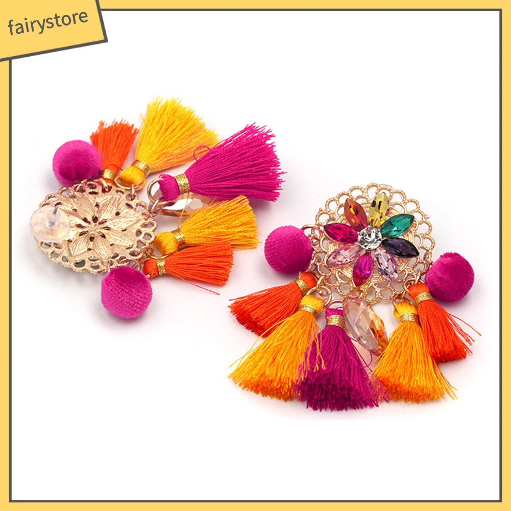 Bông Tai Dạng Dây Tua Rua Đính Đá Phong Cách Boho Cho Nữ