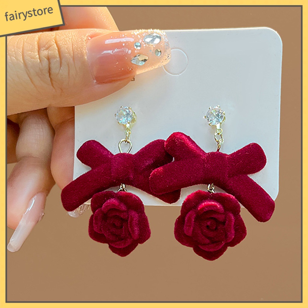 1 Đôi Bông Tai Dáng Dài Hình Nơ / Hoa / Trái Tim Màu Đỏ Chống Rơi Thời Trang Cho Nữ