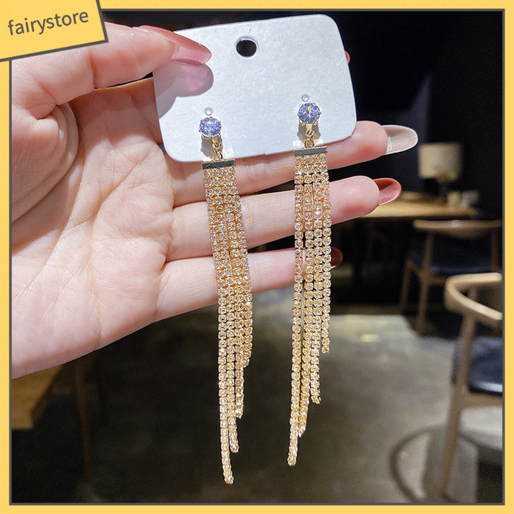 1 Đôi Bông Tai Dáng Dài Đính Đá Lấp Lánh Thời Trang Cho Nữ
