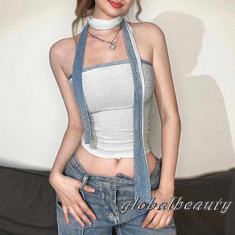 Bộ Trang Phục 2 Mảnh Gồm Áo Croptop Màu Sắc Tương Phản Và Khăn Choàng Cổ Thời Trang Mùa Hè Cho Nữ