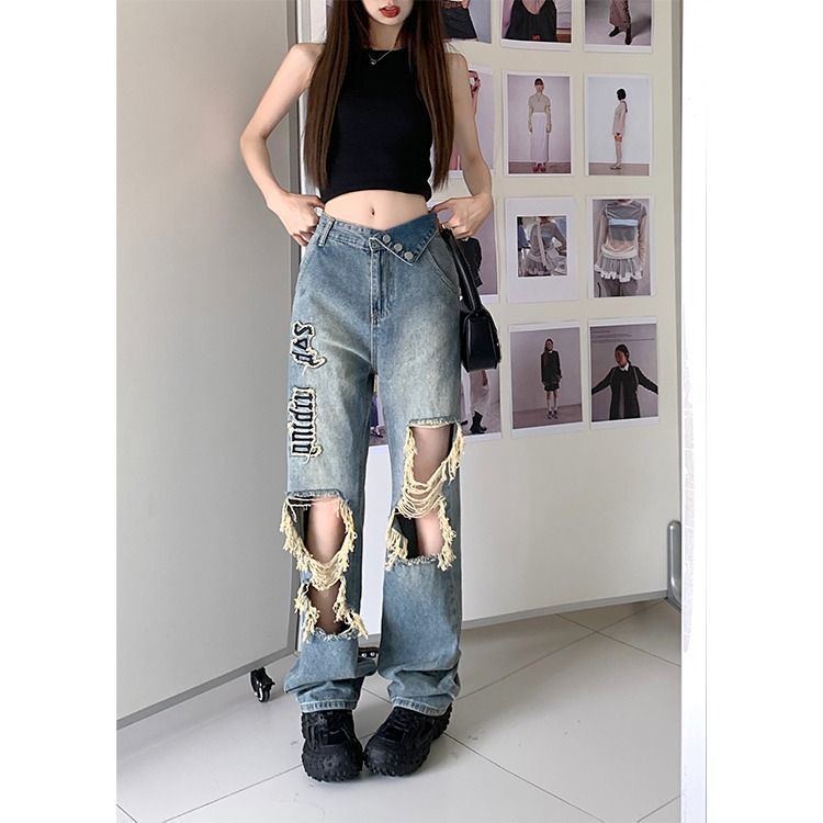 Y2k Quần Jeans Nữ Rách Dáng Suông Rộng Thêu Chữ vibe Đường Phố Mỹ Mùa Hè Cho Nữ