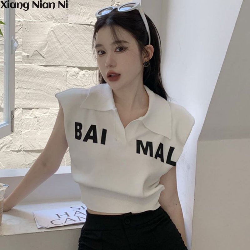 Áo Thun Sát Nách Cổ Polo In Chữ Thời Trang Cho Nữ