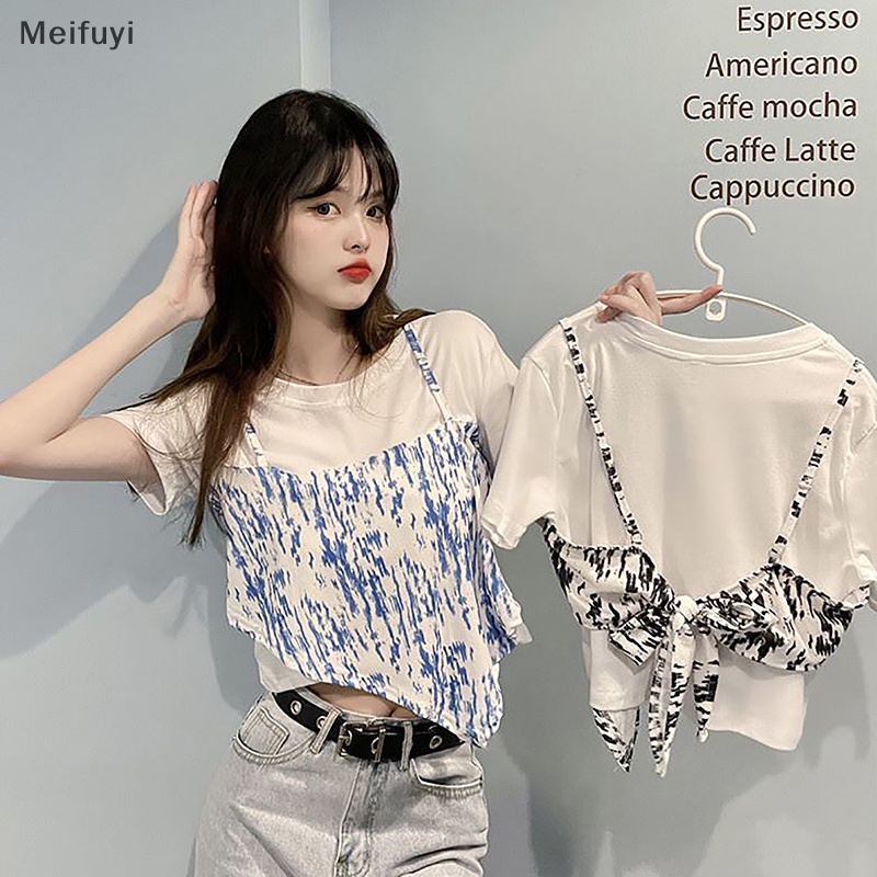 Áo Thun Ngắn Tay Cổ Tròn Giả Hai Lớp Nhuộm Màu Thời Trang Mùa Hè Cho Nữ