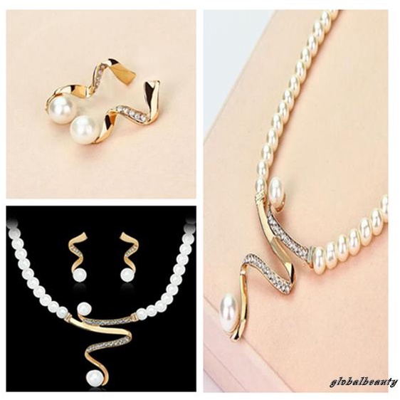 Bộ Vòng cổ + Bông Tai Đính Ngọc Trai Nhân Tạo Kiểu Hở Đính Đá Sang Trọng Cho Nữ