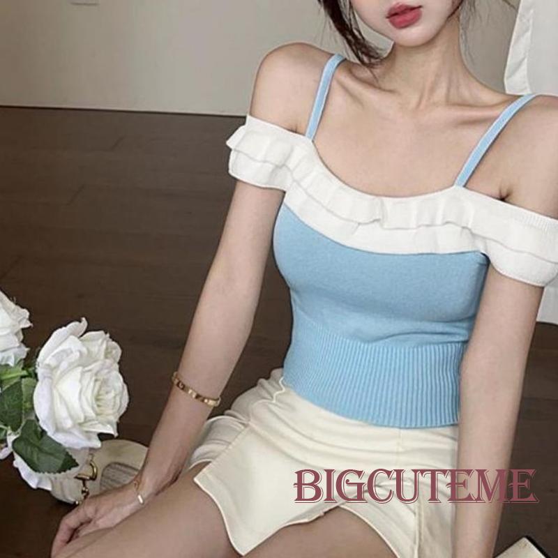 Áo Dệt Kim Sát Nách Hở Vai Phối Bèo Thời Trang Mùa Hè Cho Nữ