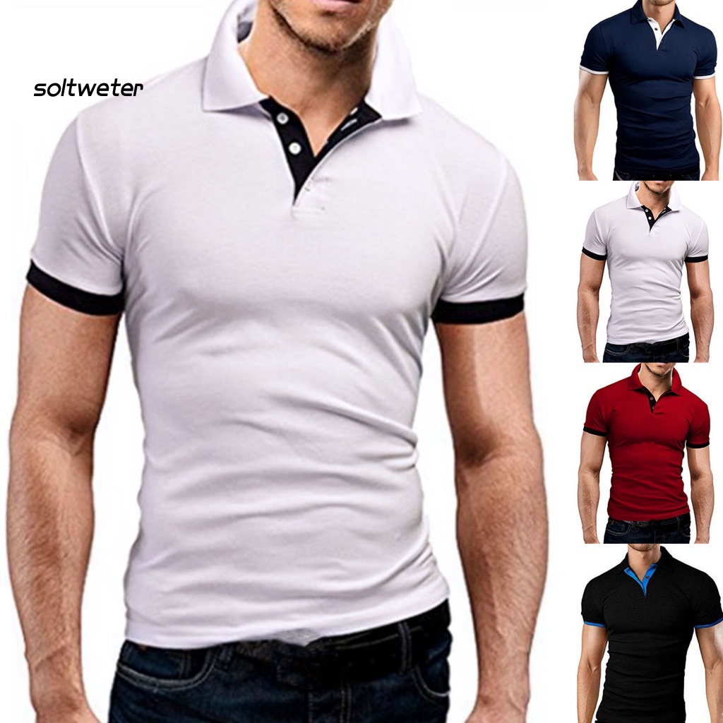 Áo Thun Mềm Mùa Hè Cổ Bẻ Tay Cộc Màu Tương Phản Có Cổ Cho Nam