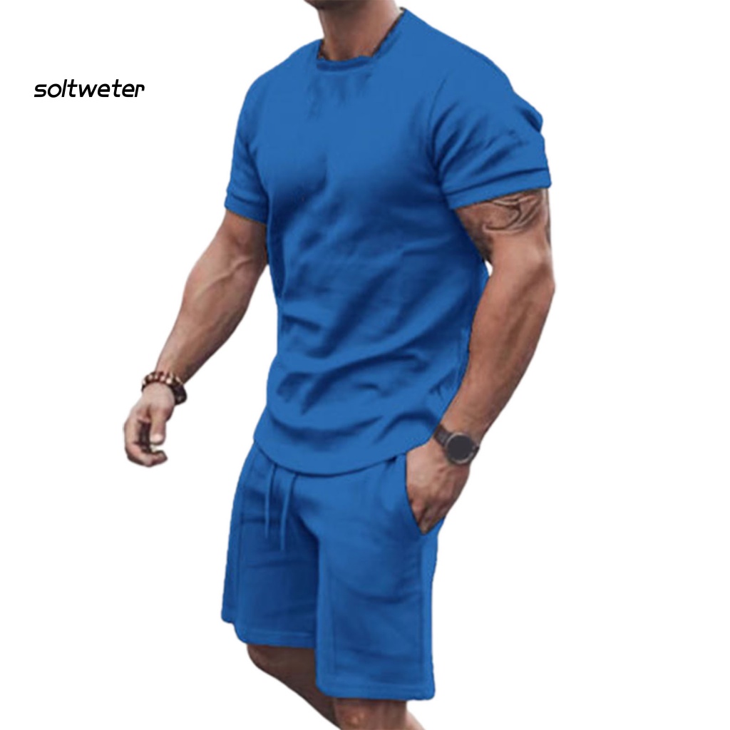 Bộ Trang Phục 2 Mảnh Gồm Áo Thun Tay Ngắn Cổ Tròn Màu Sắc Thời Trang Mùa Hè Cho Nam
