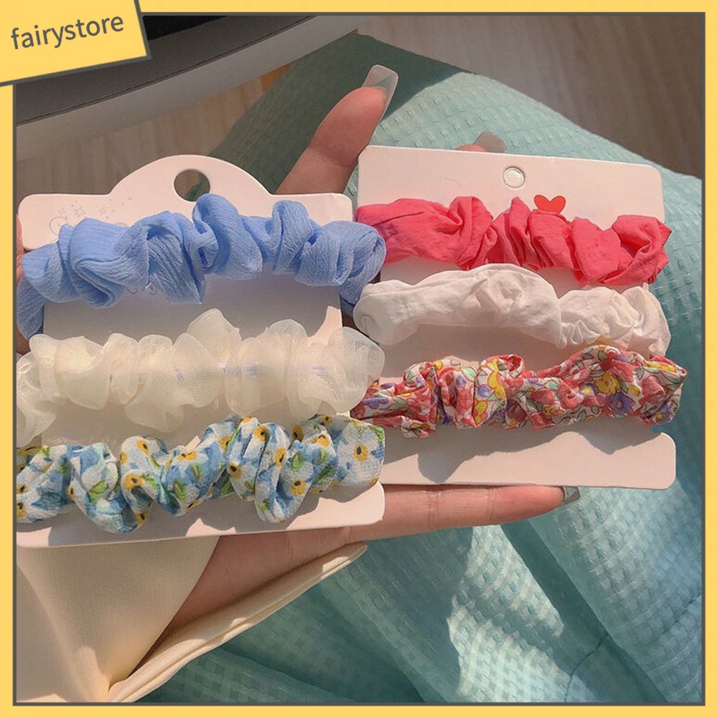 Set 3 Dây Buộc Tóc Cao Su Bọc Vải Chiffon Co Giãn In Họa Tiết Hoa Tươi Mới