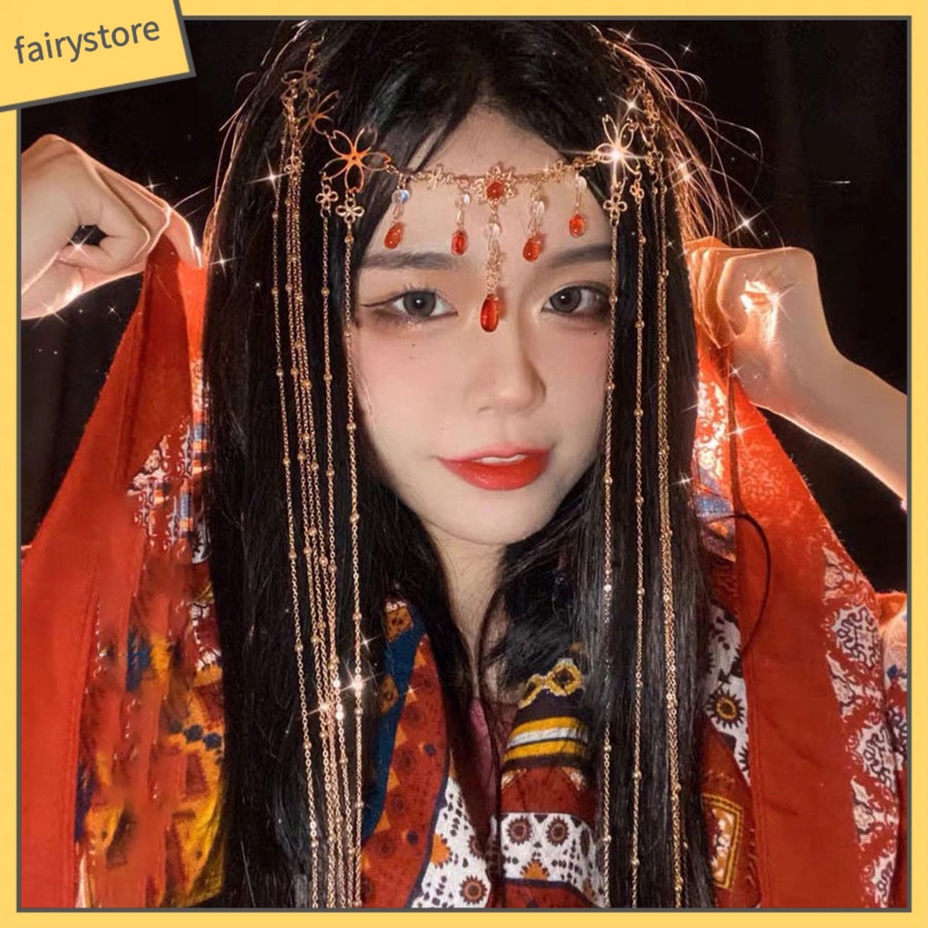 Chuỗi Dây Đeo Trán Co Giãn Họa Tiết Hoa Đính Đá Hình Giọt Nước Lấp Lánh Phong Cách Trung Hoa Cổ Điển