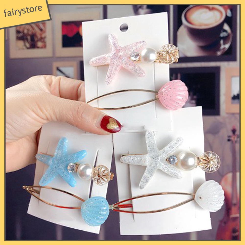 Set 2 Kẹp Tóc Hình Vỏ Sò / Sao Biển Đính Ngọc Trai Giả Thời Trang Cho Nữ
