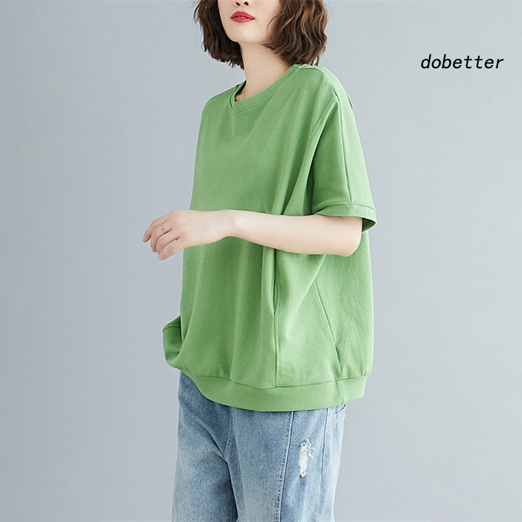 Áo Thun Tay Ngắn Cổ Tròn Hai Túi Dáng Rộng Màu Trơn Thời Trang Mùa Hè Cho Nữ