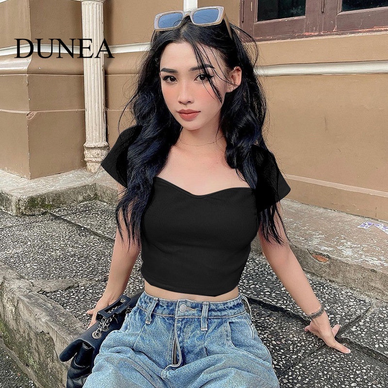 DUNEA Áo Thun Ngắn Tay Cổ Vuông Thiết Kế Quyến Rũ Thời Trang Cho Nữ