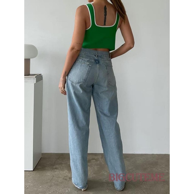 [] - Áo Crop Top Không Tay Cột Dây Phía Trước Ôm Dáng Màu Sắc Tương Phản Thời Trang Mùa Hè