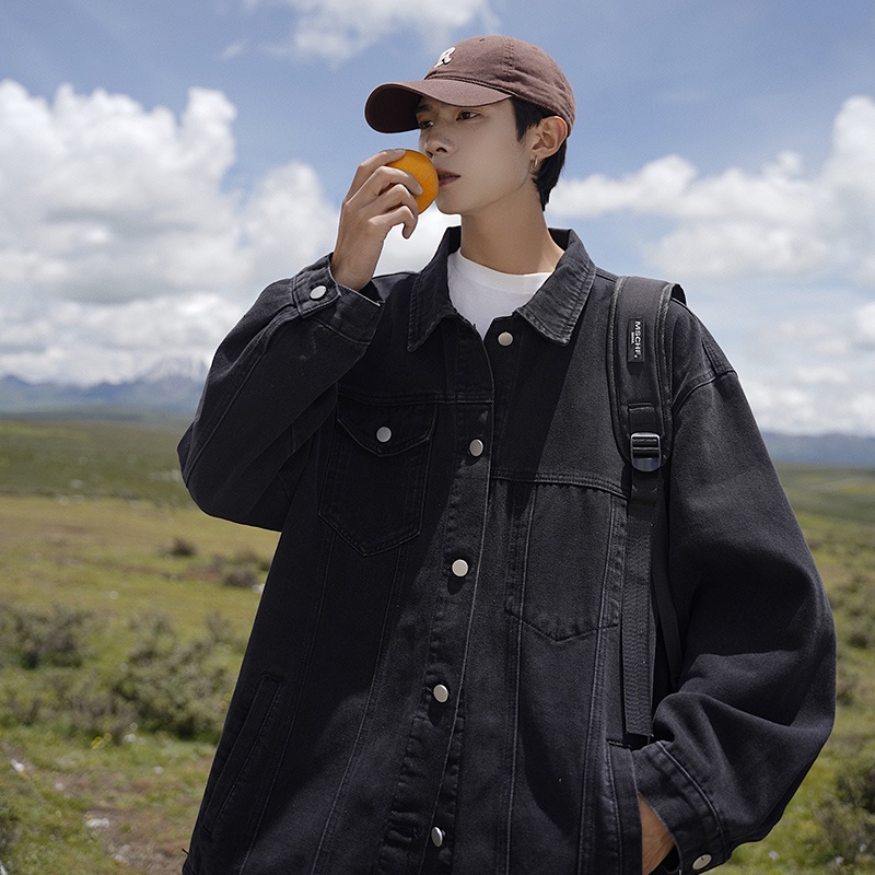 Áo Khoác Denim Phối Túi Kiểu Retro Đường Phố Nhật Bản Thời Trang Xuân Thu Cho Nam