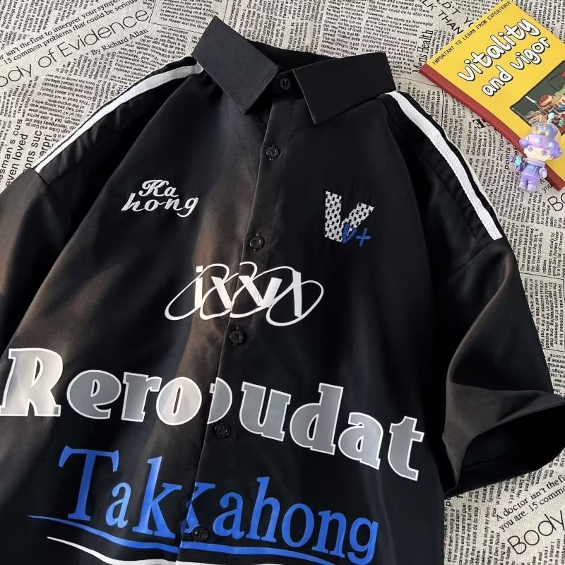 Áo Thun polo Ngắn Tay Form Rộng Thêu Họa Tiết Phong Cách Đường Phố Mỹ