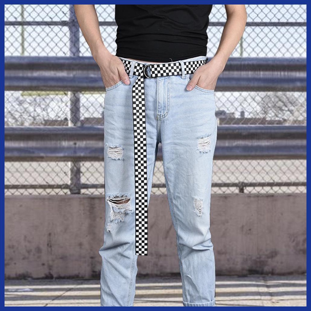 Thắt Lưng Vải Canvas Họa Tiết Kẻ Ô Vuông Trắng Đen 53.15inch Điều Chỉnh Được Thiết Kế Đơn Giản