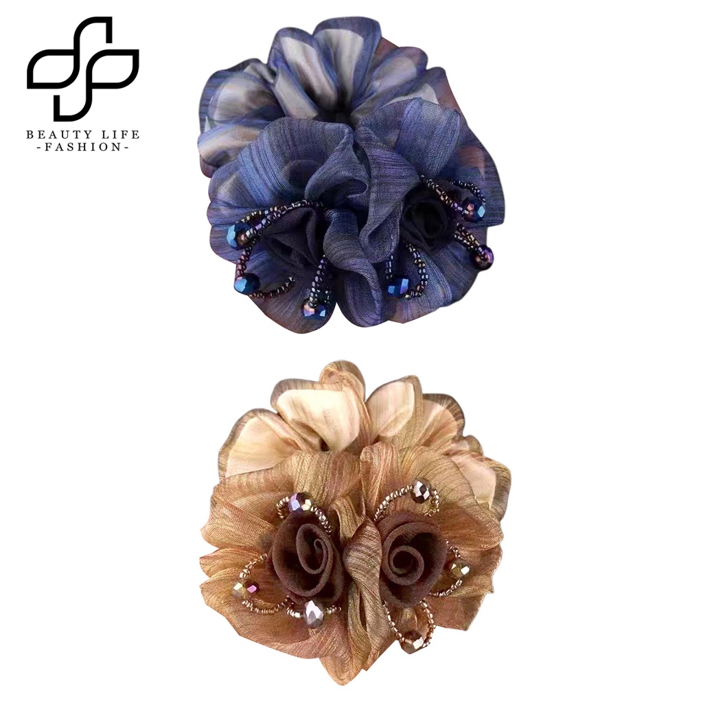 Dây Buộc Tóc Vải Mềm Co Giãn Cao Chống Rơi Đính Hạt Trang Trí Hoa Thời Trang