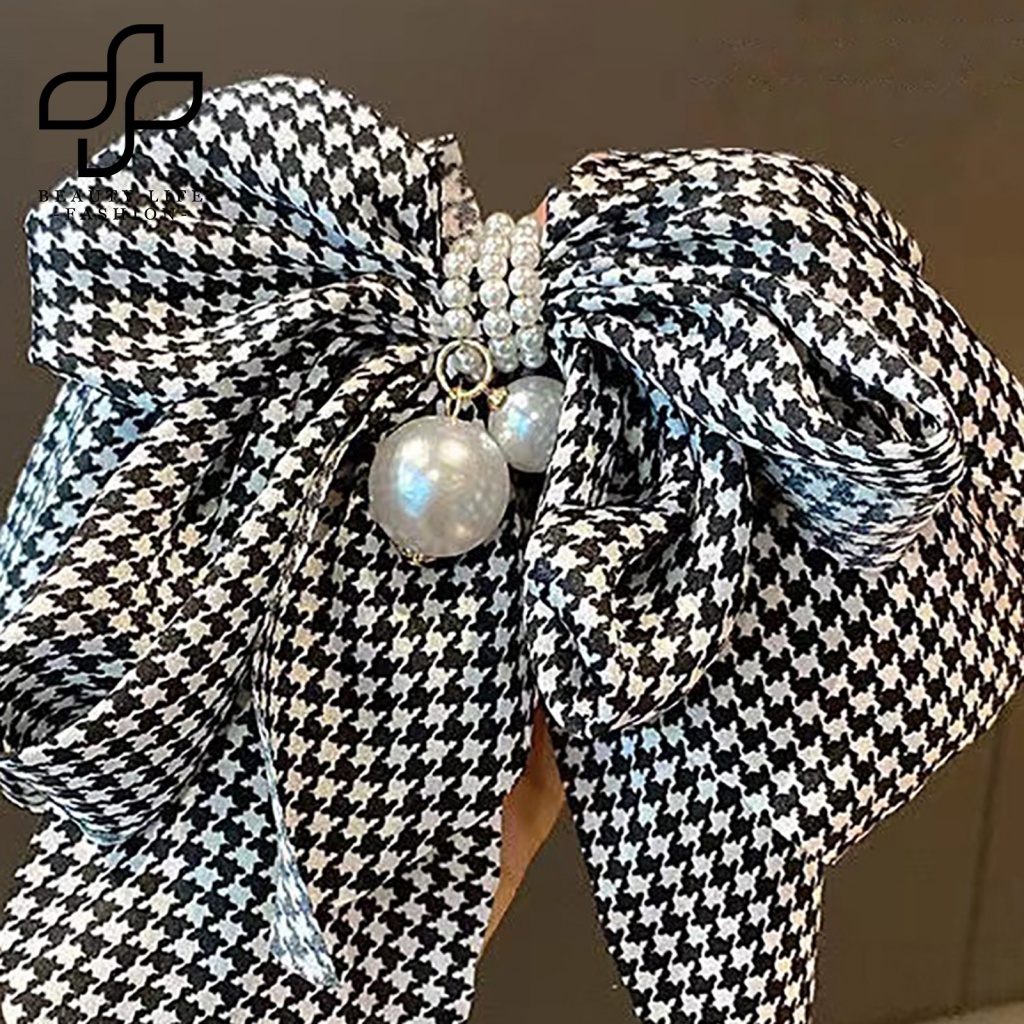 Kẹp Tóc Đuôi Ngựa Dài Nhiều Lớp Thắt Nơ Lớn In Họa Tiết Kẻ Sọc Caro Thanh Lịch Cho Nữ