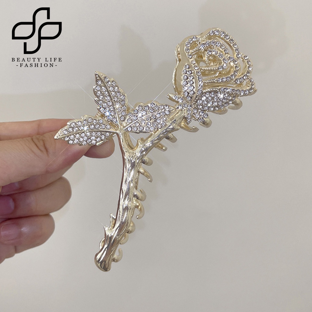 Kẹp Tóc Càng Cua Đính Đá Lấp Lánh Màu Trơn Chống Trượt Có Răng Lược Cài