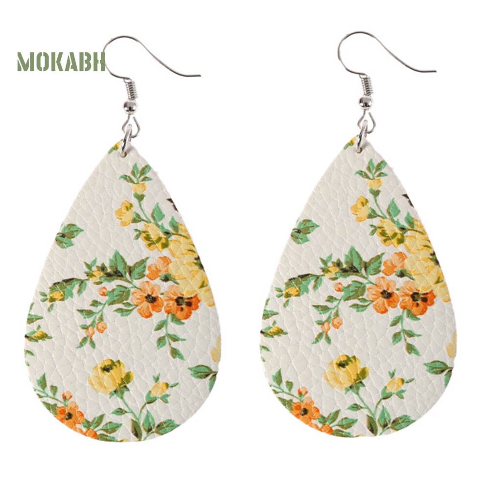 Abh Bông Tai Móc Hình Giọt Nước Họa Tiết Hình Hoa Bằng Chất Liệu Giả Da Theo Phong Cách Boho