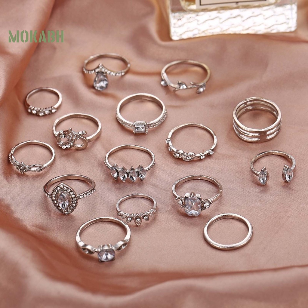 [Mok Abh] Bộ 15 Nhẫn Đeo Bằng Hợp Kim Kiểu Dáng Khác Nhau Dùng Hàng Ngày