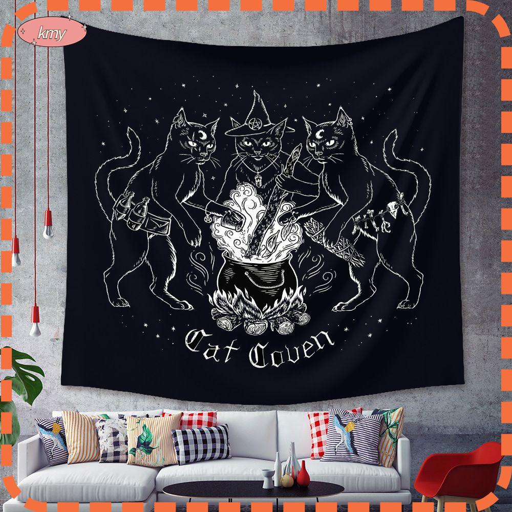 Thảm treo tường in họa tiết chú mèo màu đen trắng kích thước 95*73cm dùng trang trí nội thất