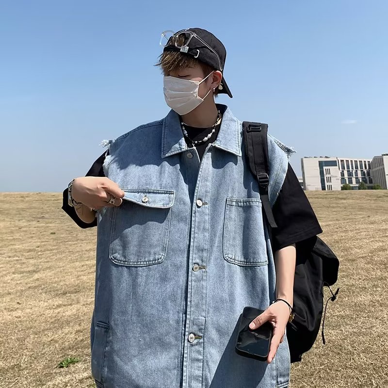 Áo Khoác Denim Sát Nách Phối Túi Phong Cách Retro Cho Nam