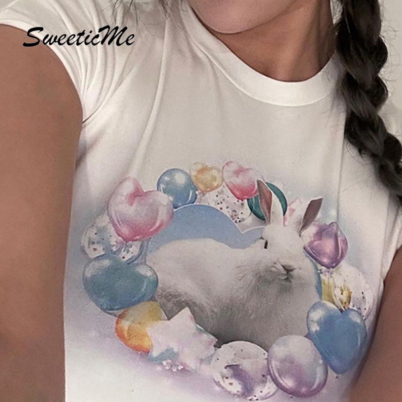 Áo Thun Tay Ngắn Cổ Tròn In Hình Thỏ Thời Trang 2023 Dành Cho Nữ