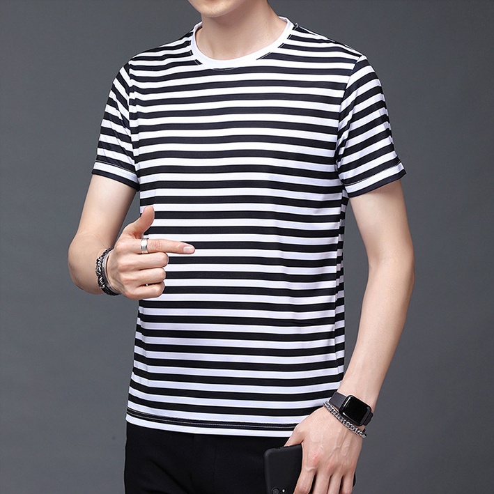 Áo Thun Tay Ngắn Cổ Tròn Kẻ Sọc Ngang Dáng Rộng Thời Trang Cho Nam
