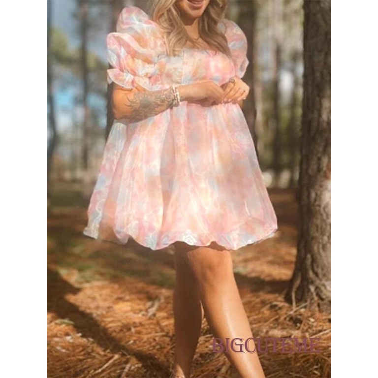 Đầm Dáng Chữ A Tay Phồng Ngắn Cổ Vuông In Họa Tiết Nhiều Màu Thời Trang Mùa Hè Cho Nữ