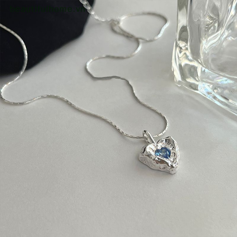 Vòng cổ Bạc Mặt Trái Tim Đính Pha Lê Xanh Dương Thời Trang Hàn Quốc Cho Nữ