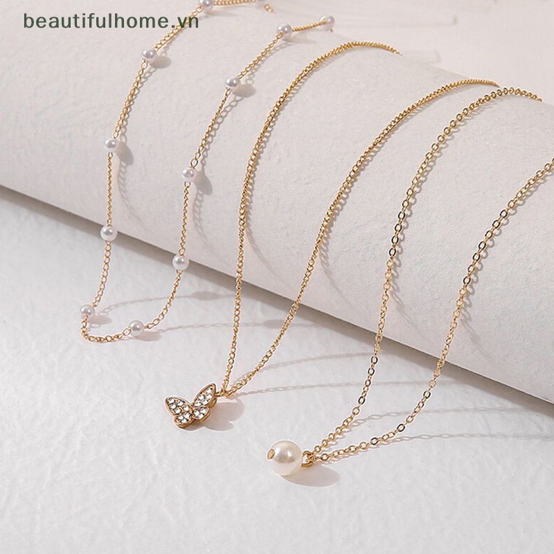 [beautifulhome] Vòng Cổ Choker Nhiều Lớp Mặt Hình Bướm Và Ngọc Trai Trang Nhã Dành Cho Nữ [beauty]