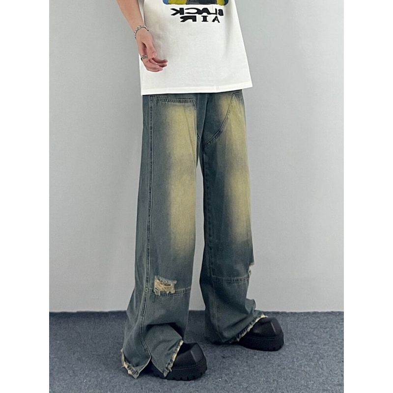 Quần Jean Ống Rộng Xẻ Tà Màu Gradient Phong Cách Đường Phố Mỹ Kiểu Mới Cho Nam Và Nữ