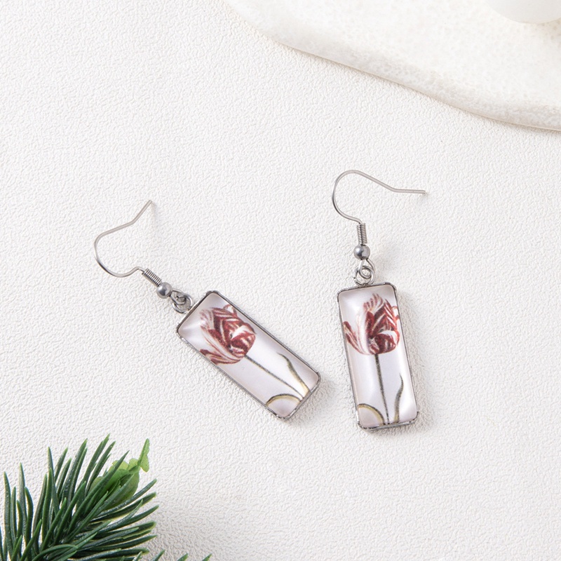 Ygt Khuyên Tai Móc Mặt Kính Cabochon Hình Chữ Nhật Bằng Thép Không Gỉ Hình Hoa Tulips