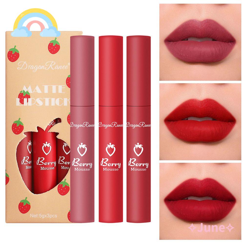 Bộ 3 Son Môi Màu Dâu Tây Chống Thấm Nước Chuyên Dụng Cho Làm Đẹp