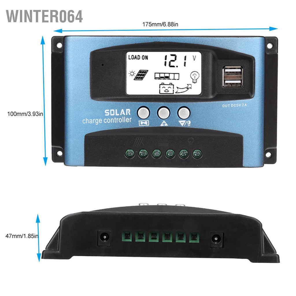Winter064 Bộ điều khiển sạc năng lượng mặt trời MPPT 40/50/60/100A Màn hình LCD kép USB 12V 24V