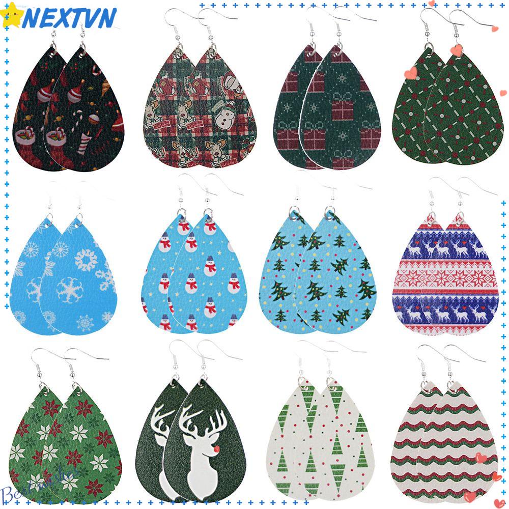 Bông Tai Giọt Nước Chất Liệu Da Họa Tiết Cây Thông Giáng Sinh