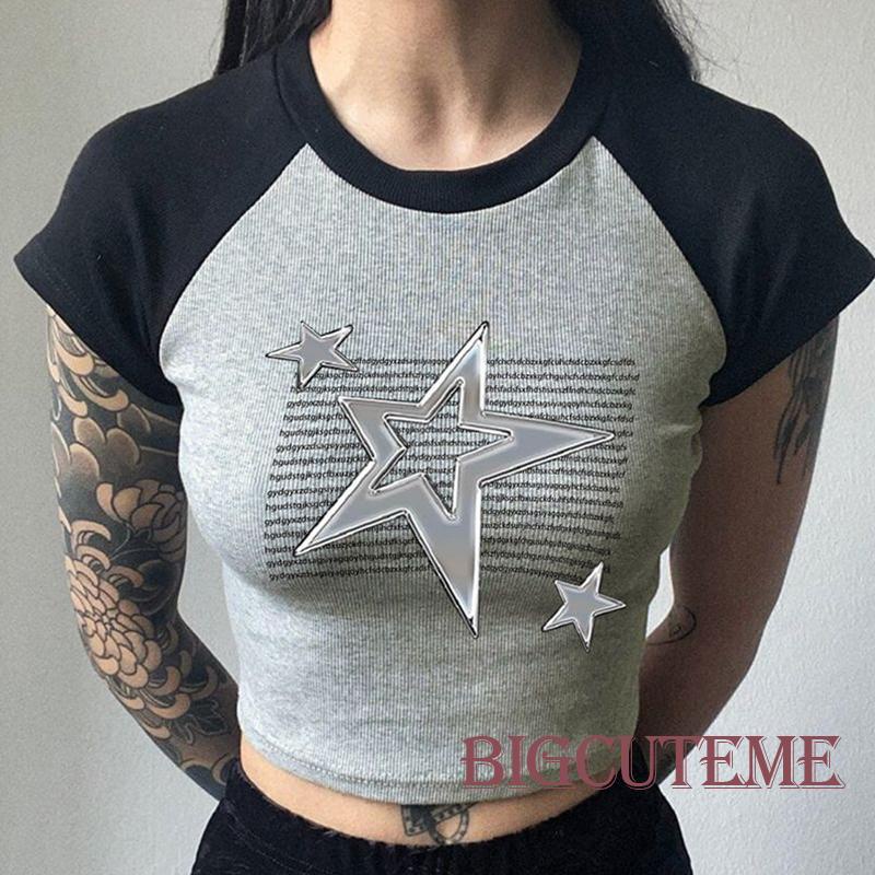[] - Áo Crop Top Tay Ngắn Cổ Tròn In Hình Ngôi Sao Thời Trang Mùa Hè Ôm Dáng Vừa Vặn Đường Phố Màu Xám Cho Nữ