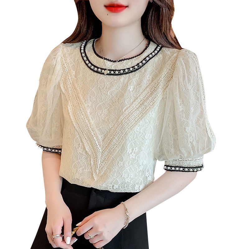 Áo Sơ Mi Tay Ngắn Phồng Phối Ren Đính Hạt Thời Trang Mùa Hè Cho Nữ