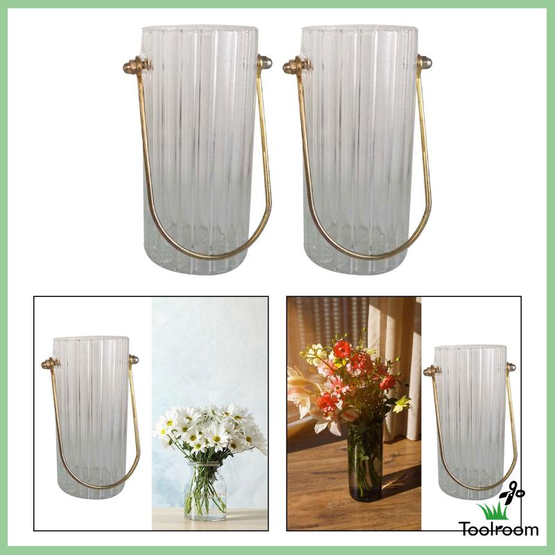 Bình Hoa Thủy Tinh Trong Suốt Hình Trụ Với Tay Cầm Kim Loại