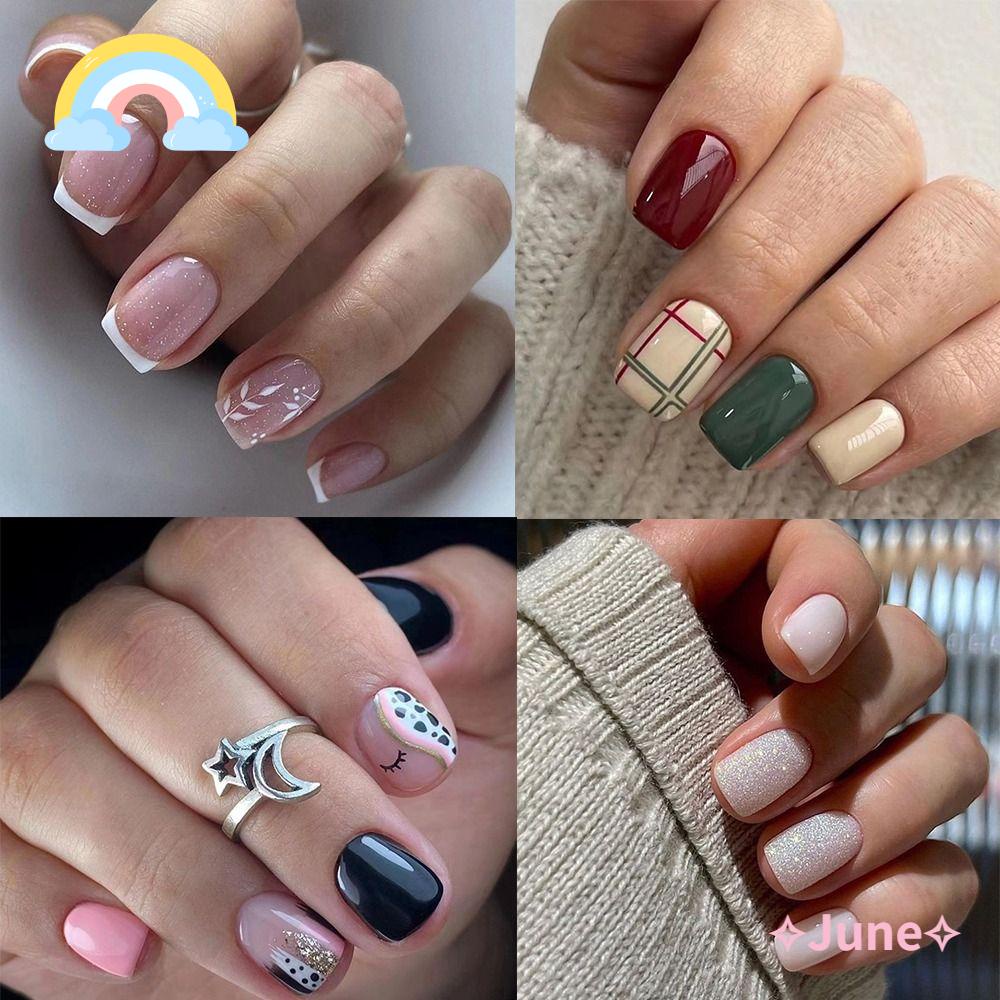 JUNE Bộ 24 Móng Tay Giả Che Phủ Toàn Diện Hình Oval