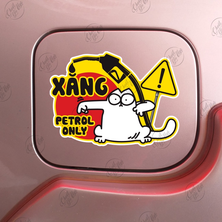 Combo 2 miếng dán trang trí bình xăng xe hơi ô tô cảnh báo chỉ đổ XĂNG CON MÈO petrol only