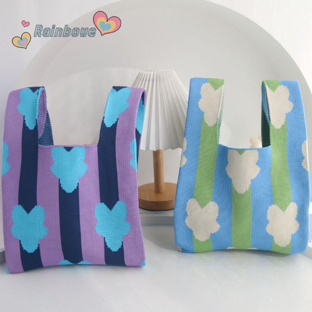 RAINBOW Túi Xách Đan Len Họa Tiết Hoa Thắt Nút Xinh Xắn